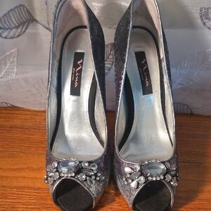 Nina Black Embellished Peep Toe Heels